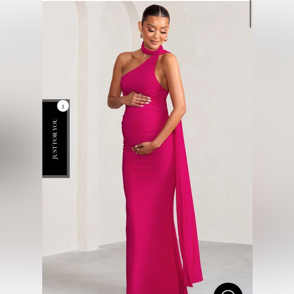 HOT PINK MATERNITY ASYMMETRIC MAXI DRESS WITH CAPE DETAILING